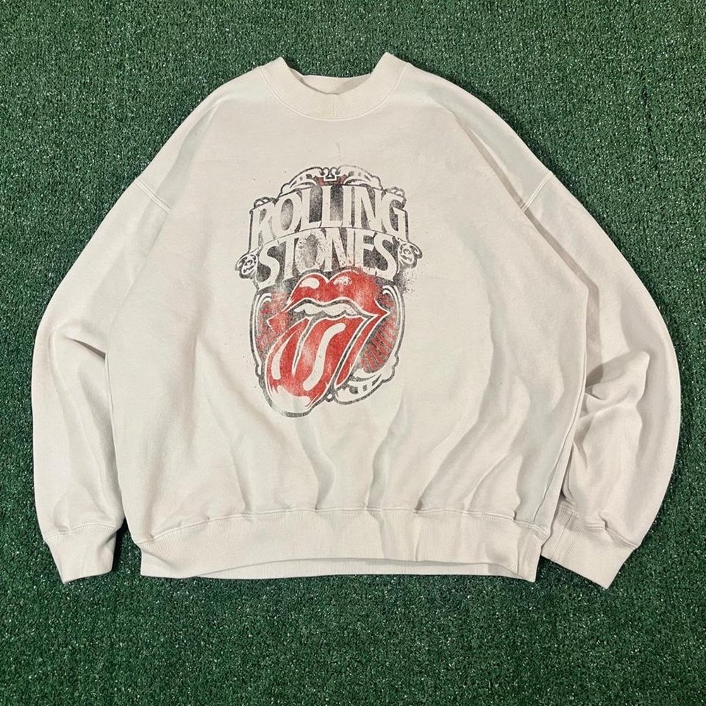 Abercrombie Rolling Stones Oversized Sweatshirt Cream Fleece Crewneck M 0190